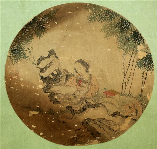 A 19th century Chinese School painting of a lady seated on a rock in a bamboo grove, diam. 25cm, mounted on a folder